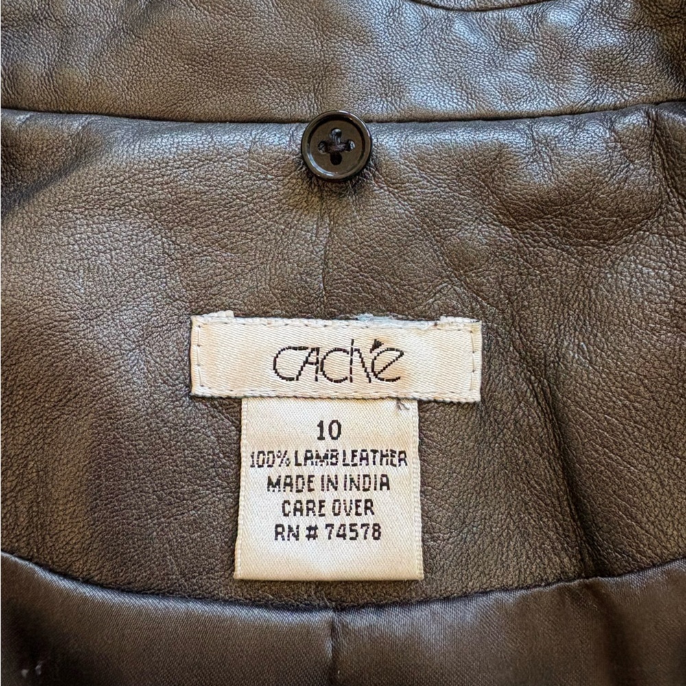 Cache Lamb Leather Jacket Motto Belted Tie 10 Vintage 90s Blazer Fitted Short M - Picture 5 of 10